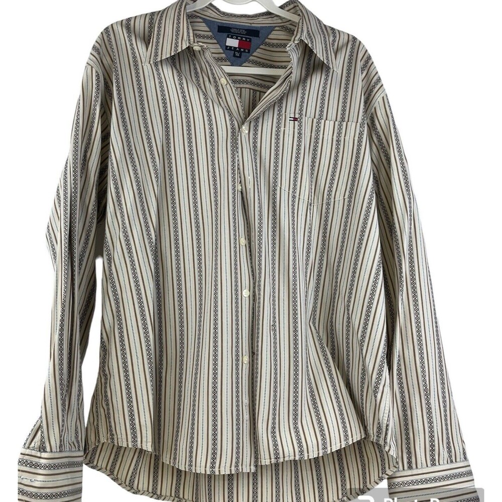 Tommy Hilfiger Mens Brown & Blue Striped Long Sleeve Shirt Size XL